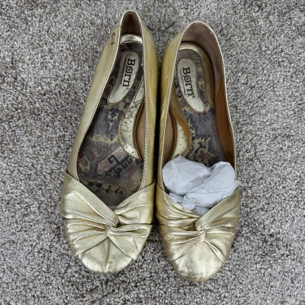 Born Gold Metallic Leather Knotted Ballet Flats Womens 8.5 Fairy Regency Slip On